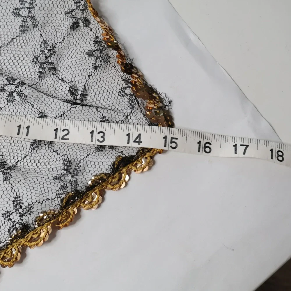 Vintage Black Lace‎ Triangle Scarf Mantilla Gold Sequin Trim Head Covering